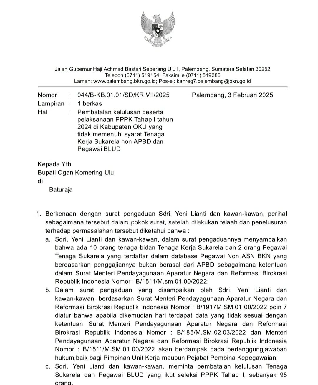 Surat pembatalan kelulusan 98 PPPK tenaga kesehatan OKU dari BKN yang tak dieksekusi Pemkab OKU. Foto: repro